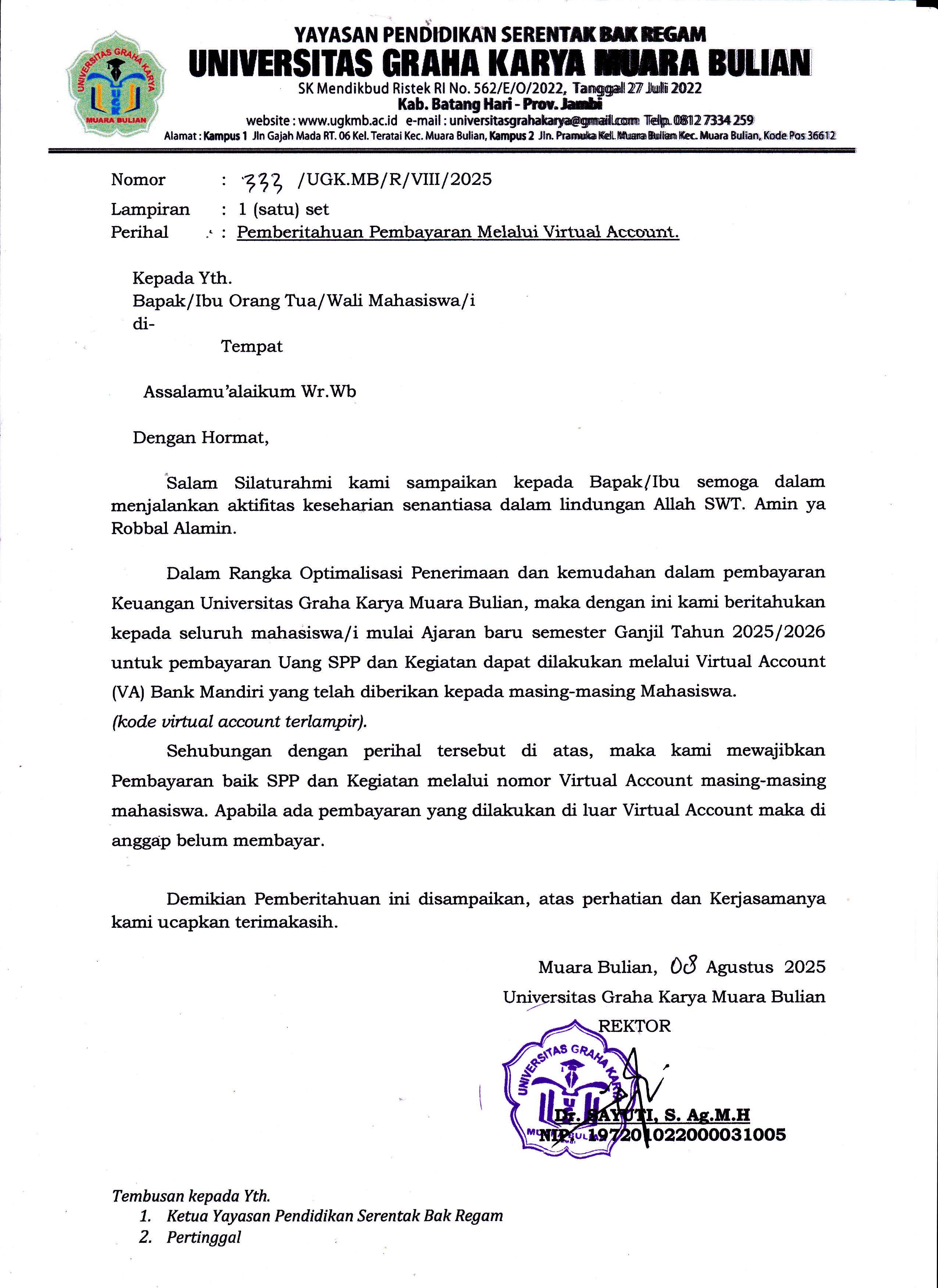 Pemberitahuan Pembayaran SPP Semester Ganjil TA. 2025/2026